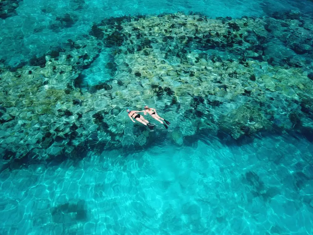 Aerial Perspective - Looe Key Reef Snorkeling Adventures Drone view of two snorkelers exploring crystal-clear waters at Looe Key Reef during private Lower Keys tour