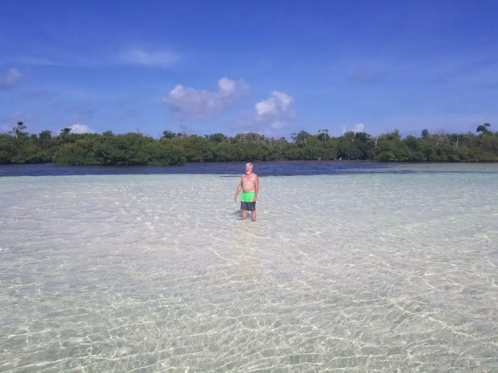 Guest wading in crystal-clear Lower Keys shallows with scenic mangrove backdrop during private eco tour