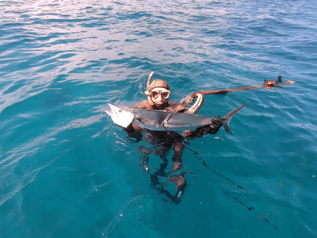 Spearfisherman proudly displaying fresh catch after successful freediving adventure in Lower Keys waters